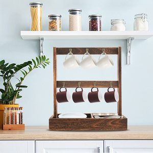 Wooden Coffee Cup Holder 2 Tier Rustic Style Standing <b>Rack</b> With Double Sided Hooks For <b>Kitchen</b> Storage - Product Image 4