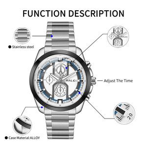 Envío Directo HALEI Reloj Deportivo de Acero Inoxidable para Hombre, 43 mm, Redondo, Analógico, de Cuarzo, Esfera Azul, Resistente al Agua 3 BAR, Movimiento Japonés - Product Image 4