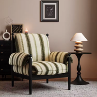 Fauteuil vintage français en tissu rayé avec structure en bois noir, chaise d'appoint monoplace pour salon, chambre à coucher, mobilier de maison et de salon.