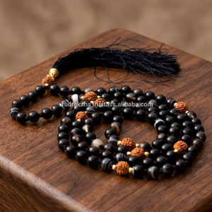 Collier Mala 108 perles en Agate Noire Rudraksha, noué à la main avec pompon, perles de prière, yoga, méditation, vente en gros Inde - Product Image 6