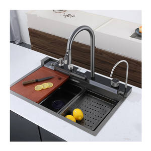 Fregadero de cocina inteligente <span class=keywords><strong>MYN</strong></span> con grifo de cascada, fregadero de cocina negro de panal biónico con ranura única grande de acero inoxidable - Product Image 1