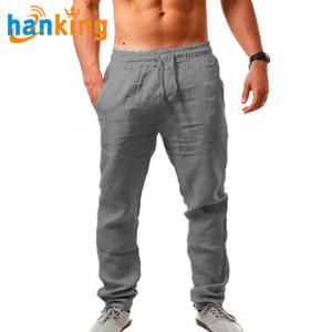 Pantalon en lin et coton pour hommes Pantalon d'été en lin respirant de couleur unie Pantalon de fitness décontracté à taille élastique Hip Hop Street wear - Product Image 3