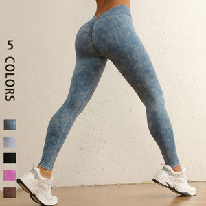 Pantalons de yoga de sport pour femmes, taille haute, taille élastique, dos en V, tricot sans couture, uni, effet push-up - Product Image 1