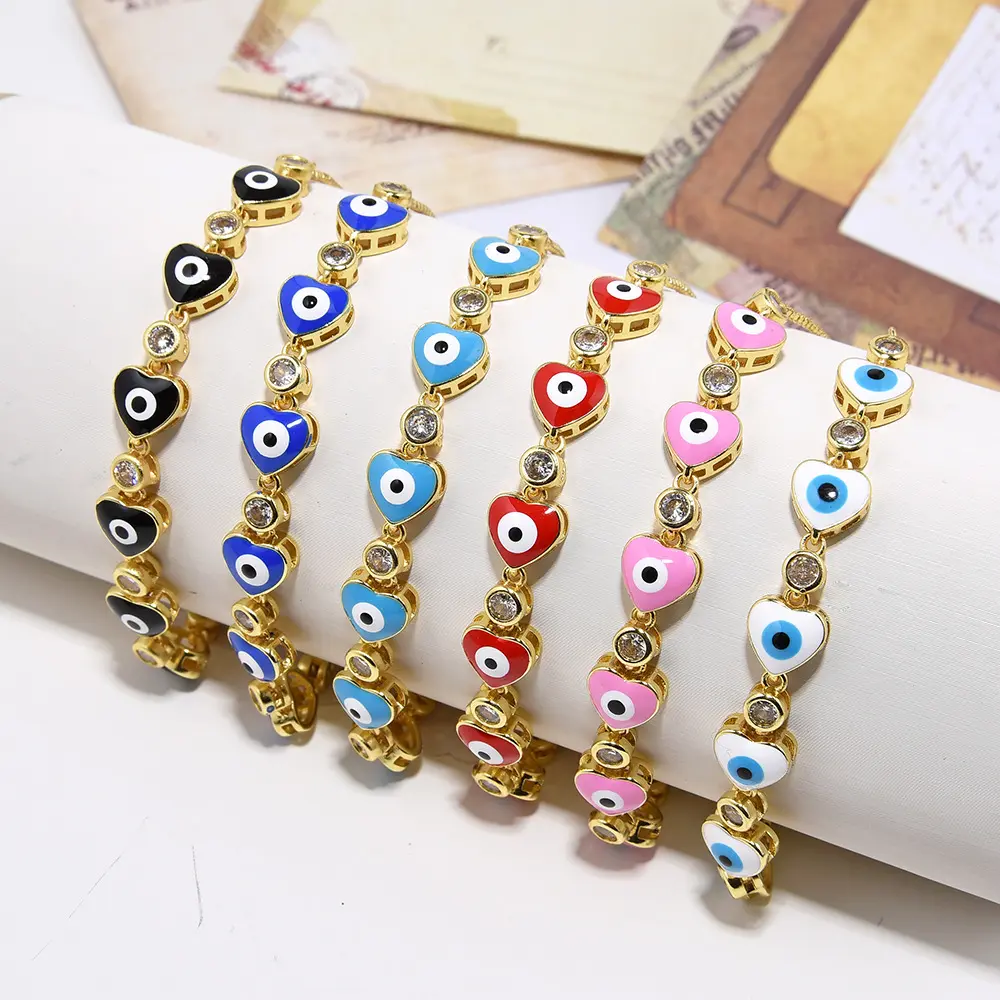 Rising Moon Evil Eye Armbänder Kupfer Zirkon Schmuck 6 Farben Liebe Herz Emaille Dämon Augen Armband