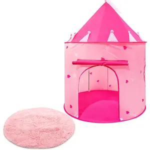 Tenda mainan dapat dilipat putri kastil Set karpet berbulu bundar dekorasi kamar tidur 39 inci tenda mainan anak perempuan mainan merah muda hadiah mewah hewan peliharaan