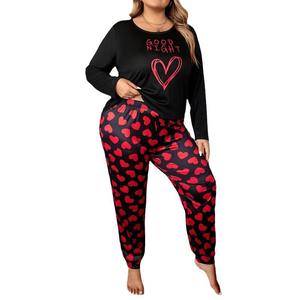 Automne et hiver <span class=keywords><strong>grande</strong></span> <span class=keywords><strong>taille</strong></span> femmes pyjamas pêche coeur imprimé col rond à manches longues pantalon deux pièces décontracté vêtements de maison - Product Image 1