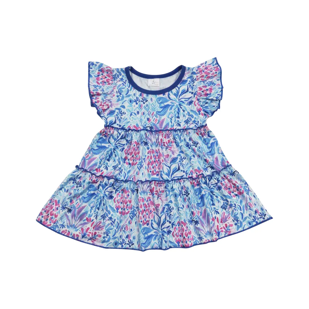 GT0474 फ्लोरल ब्लू ड्रेस बच्चों के कपड़े फ्लाइंग स्लीव लड़कियों के कपड़े प्यारे बच्चों के कपड़े सेट