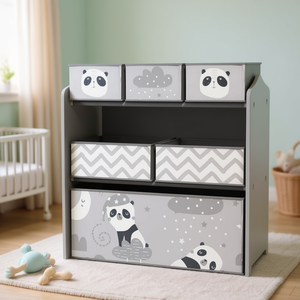 Coffre à jouets et organiseur en bois pour chambre d'enfant avec design panda, unité à 3 tiroirs - Product Image 2
