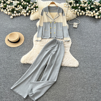 Ensemble de chandails en tricot de luxe pour femmes, coupe ample d'hiver, cardigan à col en V bicolore, pantalon, ensemble deux pièces pour femmes