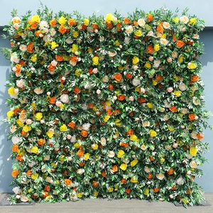 Parete di Fiori Artificiali con Foglie Verdi, Rose Gialle e Arancioni, Decorazione per Matrimoni e Sfondi - Product Image 2
