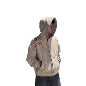 <span class=keywords><strong>Felpa</strong></span> con Cappuccio Unisex con Zip Integrale e Ricamo Floreale, Oversize, Pesante, Stile Streetwear - Product Image 5