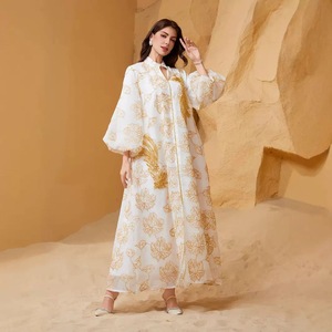 Abaya élégante en polyester ornée de fleurs brûlées, broderies et sequins, manches bouffantes pour le <span class=keywords><strong>printemps</strong></span>, tenue ethnique traditionnelle pour femmes musulmanes - Product Image 4