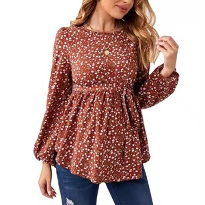 Vêtements <span class=keywords><strong>de</strong></span> maternité chemise imprimé fleuri femmes enceintes à manches longues col rond boutonné ceinture à volants haut <span class=keywords><strong>de</strong></span> <span class=keywords><strong>grossesse</strong></span> - Product Image 1