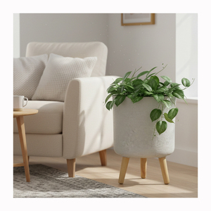Jardinière <span class=keywords><strong>ronde</strong></span> rustique de grande taille, de haute qualité et résistante, pour arbres, pots de plantes décoratifs texturés <span class=keywords><strong>en</strong></span> gypse, <span class=keywords><strong>en</strong></span> plastique avec pieds <span class=keywords><strong>en</strong></span> <span class=keywords><strong>bois</strong></span> - Product Image 1
