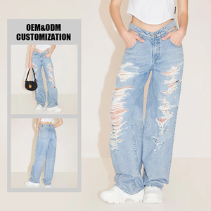 Acid Wash Distressed Baggy <strong>Jeans</strong> <strong>Custom</strong> <strong>Label</strong> Heavyweight Ladies Street Wear Distressed <strong>Jeans</strong> - Product Image 2