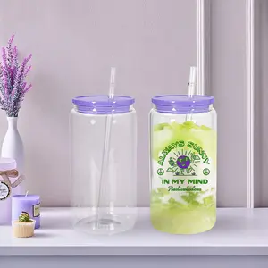 16oz Jelly Glass Can Sublimation Blanks Clear Frosted Glass Tumbler With Straw And Mix Color Lids
