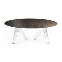 Table ovale durable en marbre Arabescato avec base transparente 230x115cm, mobilier de salon, modèle OVAL03