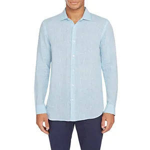 Camisa informal de lino y algodón de manga larga y Color liso para verano para hombre