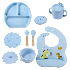 New Wholesale Customizable Popular Food Grade Silicone Plate Bib Fork Spoon Baby Feeding Tableware Set