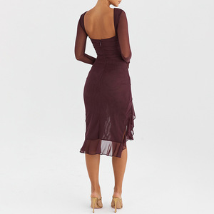 Vestido Midi Asimétrico de Estilo Europeo Americano, Sexy, con Cuello Redondo, Manga Larga, Ajustado, con Detalles de Malla, para Otoño - Product Image 4