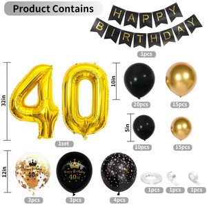 Décorations pour 40e <span class=keywords><strong>anniversaire</strong></span> pour hommes, guirlande d'arche de ballons noirs et dorés avec ballons en feuille de chiffre <span class=keywords><strong>40</strong></span>, confettis, ensemble Nanner - Product Image 2