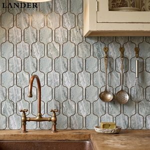 <span class=keywords><strong>Mosaico</strong></span> de Pared de Metal y Mármol Lander Stone Waterjet para Baño y Sala de Estar, <span class=keywords><strong>Mosaico</strong></span> de Mármol Waterjet Verde Shangrila - Product Image 1