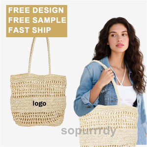 Sac à main personnalisé avec logo brodé, sac fourre-tout en paille tressée, sac de plage en maille pour l'été, sac à bandoulière décontracté pour les vacances - Product Image 1