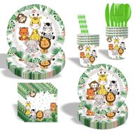 Ensemble de fournitures pour fête d'anniversaire sur le thème des animaux sauvages de la jungle, décoration de fête, assiettes en papier, gobelets, serviettes, kit de vaisselle