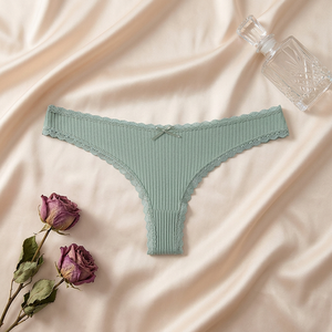 Culotte string côtelée en coton pour femme, confortable, taille basse, avec dentelle et nœud, grandes tailles, vente en gros - Product Image 3