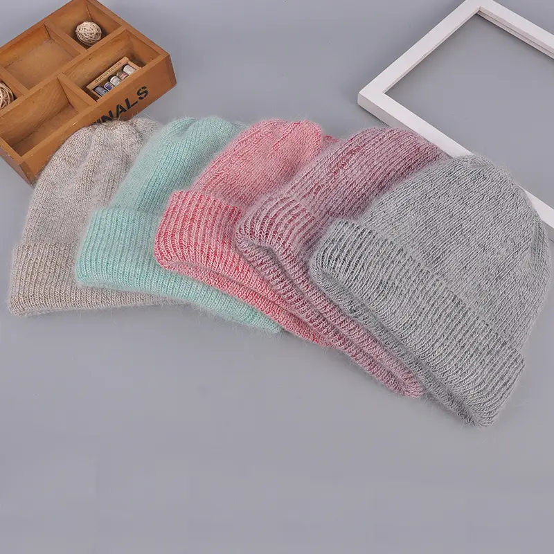 Atacado Moda Plain Cashmere Malha Mohair Gorros Espessado Angorá Slouchy Coelho Lã Inverno Caps Toque Gorro de Inverno