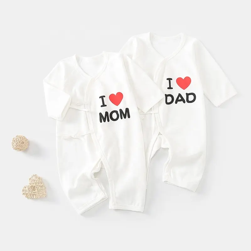 Baby Boys Girls 100% Cotton Long Sleeve Romper Pajamas With I Love Dad & Mom Print Newborn Logo Custom Jumpsuit