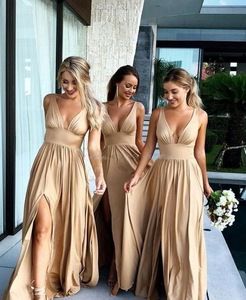 فساتين وصيفات العروس للفتيات باللون الذهبي الوردي بياقة على شكل V، فساتين طويلة مثيرة للحفلات، أثواب سهرة مكشوفة الظهر لحفلات الزفاف - Product Image 3