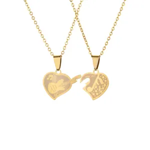 Conjunto de collar de acero inoxidable para parejas, conjunto de joyería de corazones personalizable, colgante con forma de corazón roto en blanco grabable