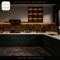 Cuisine sur mesure pour toute la maison, armoires vert ardoise foncé, vitrine à deux tons avec façade en verre, dessus en marbre LED, usine OEM ODM