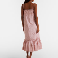 Robe mi-longue rose en coton brodée à œillets, avec nœud papillon, bretelles spaghetti, ourlet à volants et découpes, pour femme, été, décontractée, vacances