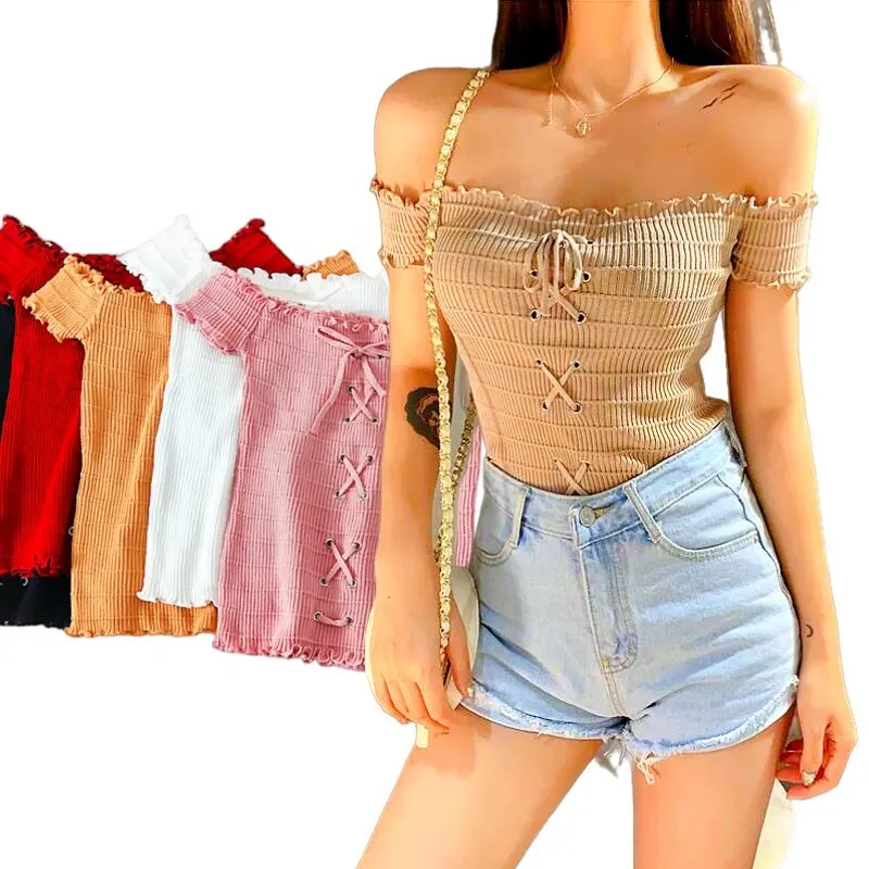 Wholesale Summer off shoulder tops ladies elegant Short sleeve Knitted blouse women one shoulder top