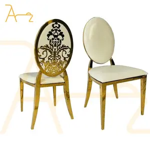 Modern istiflenebilir O geri beyaz yastık olay dekor yemek masası sandalyesi parti paslanmaz çelik altın düğün sandalyeleri satılık