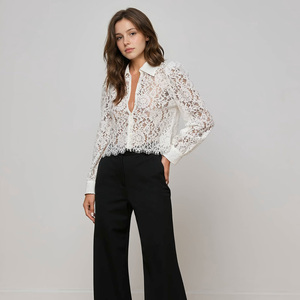 Blusa de Encaje Blanca, Camisa de Manga Larga con Botones, Top Transparente para Mujer, Ropa de Oficina - Product Image 1