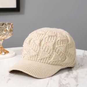 Gorra de Béisbol Tejida de 6 Paneles para Mujer, Otoño Invierno, Poliéster/Algodón, Diseño Triangular con Pedrería, Moderna, Cálida, Gris Blanco - Product Image 4