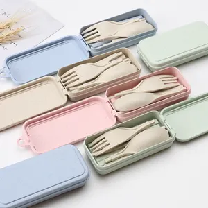 Wholesale ECO-Friendly Flatware Folding Portable Wheat Straw Reusable Cutlery Set With Spoon Fork Knife For Camping