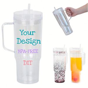 Gobelet en plastique réutilisable à double paroi avec poignée, grande capacité, personnalisable avec logo, pour smoothies, cocktails, bière, sodas, jus de fruits - Product Image 1