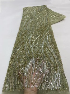 Ni. Ai phong cách mới màu xanh Sâu Chuỗi ren váy cưới chất liệu ren đính cườm sequin ren vải với ngọc trai - Product Image 6