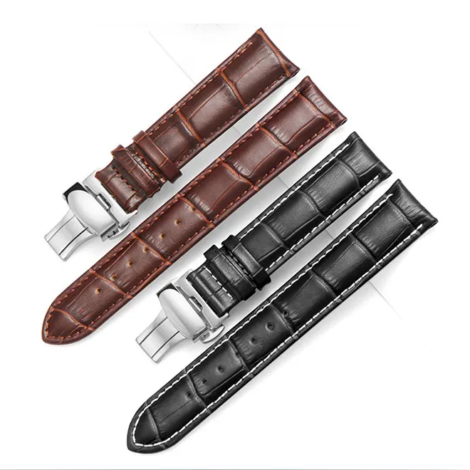 High Quality Butterfly Clasp 16mm 18mm 19mm 20mm 21mm 22mm 24mm Genuine Leather Watch Strap Vintage