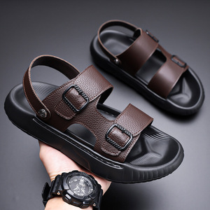 Sandales en cuir de vachette première couche pour hommes 2026 |   Sandales décontractées tendance en cuir véritable pour l'extérieur, style claquettes, livraison directe - Product Image 4