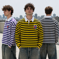 Polo décontracté à manches longues pour homme, coupe ample, en coton épais, avec logo brodé, col contrastant, polo surdimensionné
