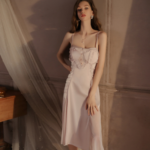 Nouvelle Robe de Nuit Longue en Soie et Dentelle, Couleur Unie, avec Coussinets Poitrine, Patchwork Transparent, Ensemble Robe de Nuit et Peignoir Sexy - Product Image 5