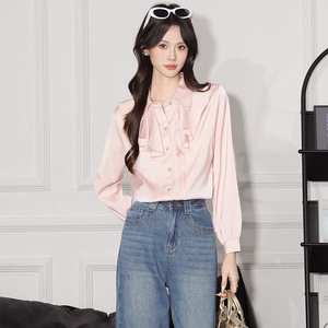 Pink Long Sleeve Shirt Women Ruffled Hem Solid Color Polyester Blouse Everyday Wear Spring Autumn Fashion Top - Product Image 4