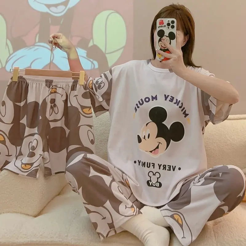 Tiktok setelan piyama pakaian rumah, lengan pendek kartun grosir musim panas susu sutra Mickey tiga potong wanita anyaman flanel