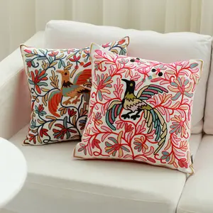 Canvas Fabric Wool Embroidery Wholesale Colorful Bird Turkish Boho All Cotton Decorative Cushion Cover For Home Decor