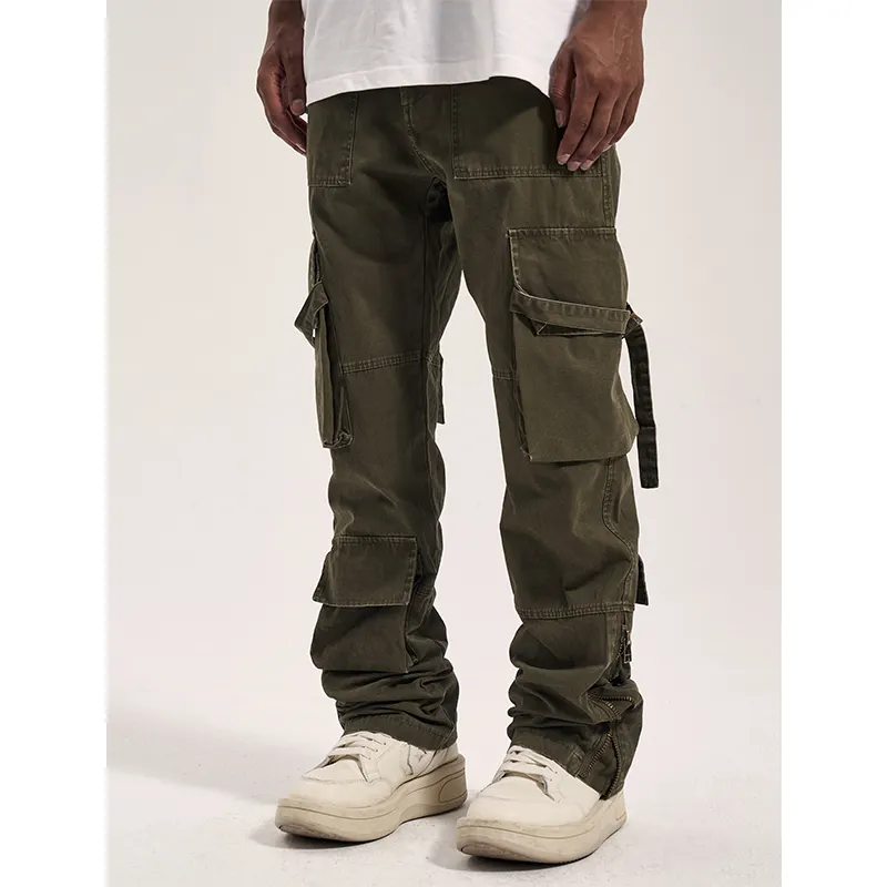 Calça cargo estilo streetwear, calça jeans preta masculina de bolsos plus size empilhada